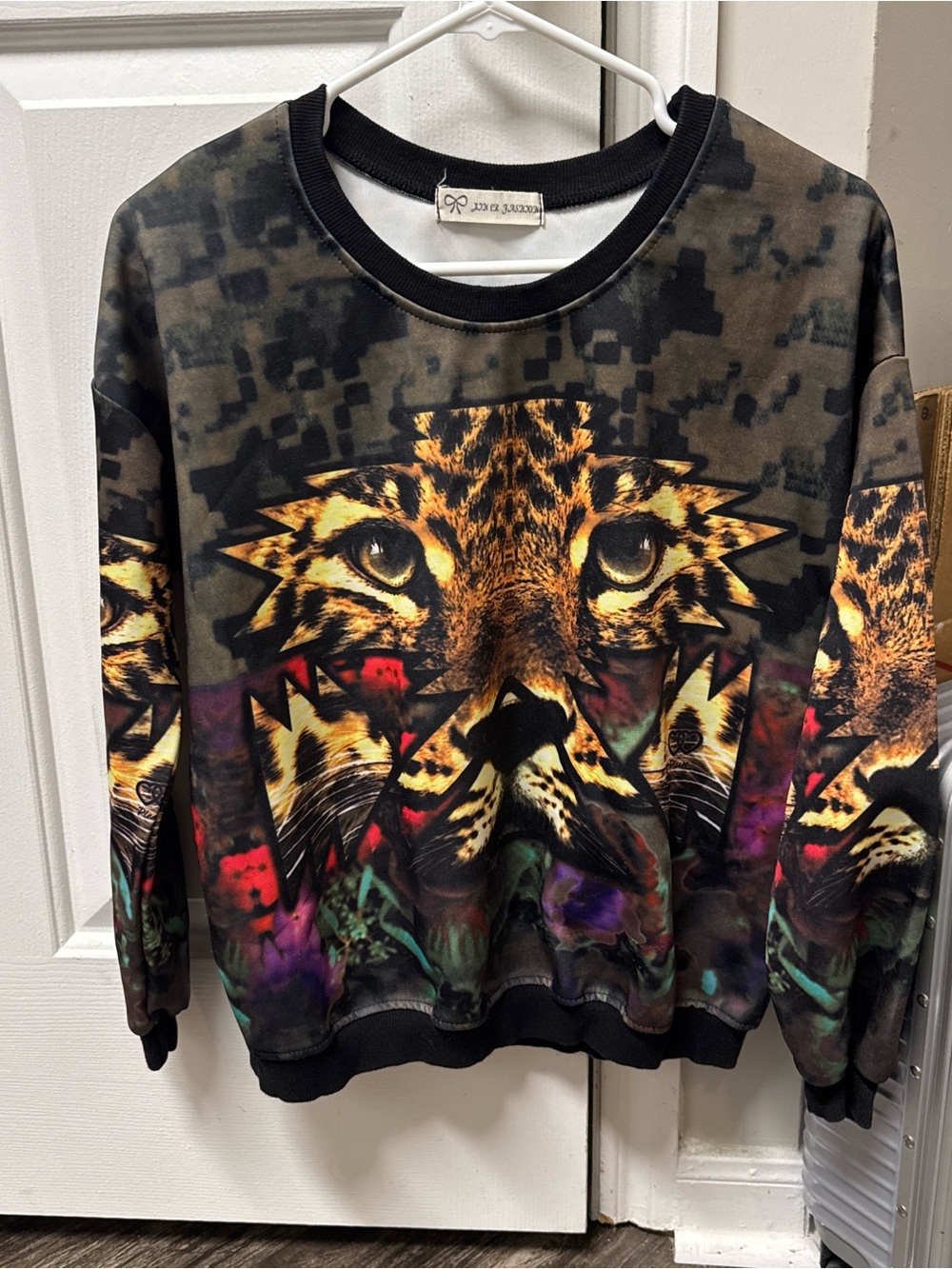 Moncler Gamme Rouge Black Multicolor Leopard-Graphic Crewneck Sweatshirt